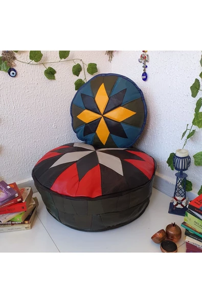 Şok Fiyat Açılışa Özel %50 Off! Art Deco El Yapımı Hakiki Deri Orijinal Bohem Ottoman Puf Minder60cm - 2