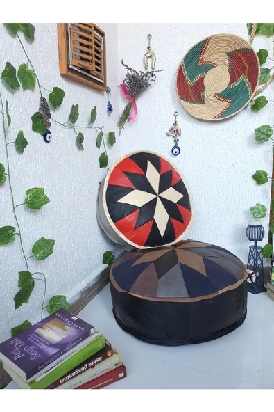 El Yapımı Hakiki Deri Bohem Ottoman Puf Yer Minder Ikili 60-40cm Set Of 2 - 5