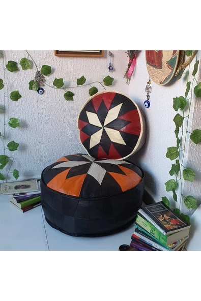 El Yapımı Hakiki Deri Bohem Ottoman Puf Yer Minder Ikili 60-40cm Set Of 2