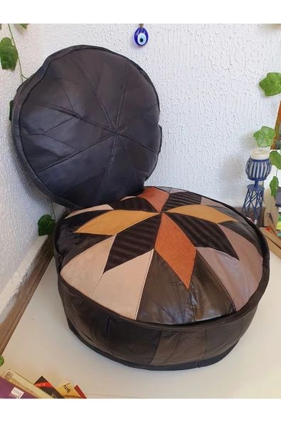Şok Fiyat Açılışa Özel %50 Off! Art Deco El Yapımı Hakiki Deri Orijinal Bohem Ottoman Puf Minder60cm - 4