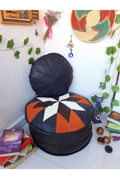 Art Deco El Yapımı Hakiki Deri Orijinal Bohem Ottoman Puf Minder60cm - 6