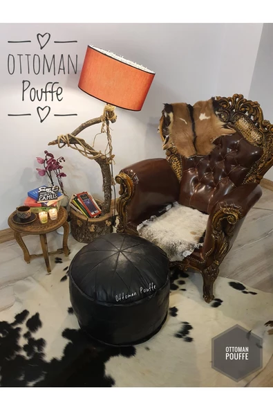 İskandinav El Yapımı Hakiki Deri Ottoman Siyah Puf Yer Minderi 60x40cm (DOLGULU) - 2