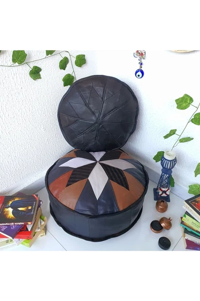 Art Deco El Yapımı Hakiki Deri Orijinal Bohem Ottoman Puf Minder60cm - 5