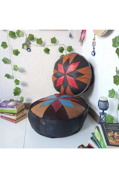 Şok Fiyat Açılışa Özel %50 Off! Art Deco El Yapımı Hakiki Deri Orijinal Bohem Ottoman Puf Minder60cm - Resim 3