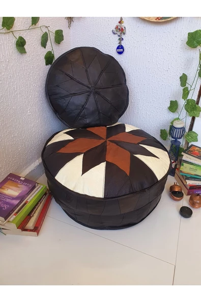 El Yapımı Hakiki Deri Orijinal Bohem Ottoman Puf Minder60cm - Resim 3