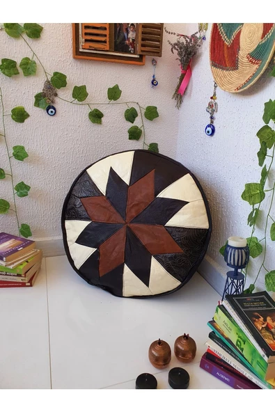 Şok Fiyat Açılışa Özel %50 Off! Art Deco El Yapımı Hakiki Deri Orijinal Bohem Ottoman Puf Minder60cm - Resim 6