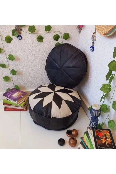 İskandinav Art Deco El Yapımı Hakiki Deri Orijinal Bohem Ottoman Puf Minder Ikili Set 60x30cm