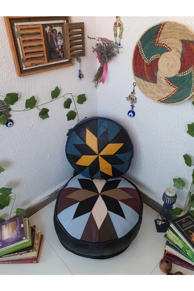 Şok Fiyat Açılışa Özel %50 Off! Art Deco El Yapımı Hakiki Deri Orijinal Bohem Ottoman Puf Minder60cm - 6