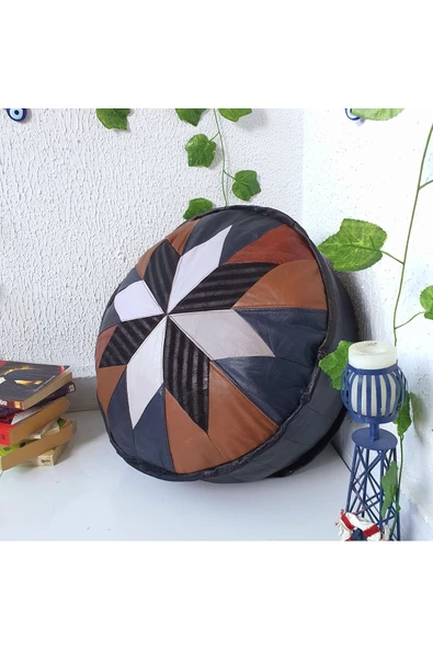 Art Deco El Yapımı Hakiki Deri Orijinal Bohem Ottoman Puf Minder60cm - 7