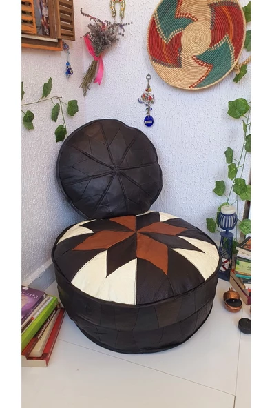 El Yapımı Hakiki Deri Orijinal Bohem Ottoman Puf Minder60cm - Resim 4