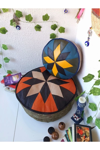 Şok Fiyat Açılışa Özel %50 Off! Art Deco El Yapımı Hakiki Deri Orijinal Bohem Ottoman Puf Minder60cm - Resim 5