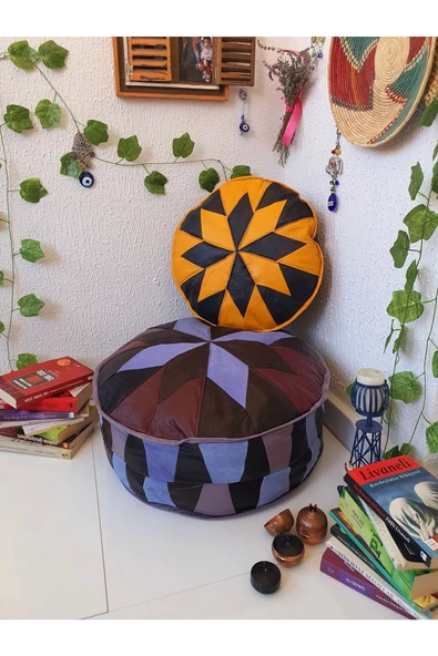 El Yapımı Hakiki Deri Bohem Ottoman Puf Yer Minder Ikili 60-40 cm Set Of 2 - 2