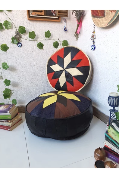 Şok Fiyat Açılışa Özel %50 Off! Art Deco El Yapımı Hakiki Deri Orijinal Bohem Ottoman Puf Minder60cm - 6