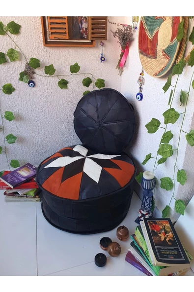 Art Deco El Yapımı Hakiki Deri Orijinal Bohem Ottoman Puf Minder60cm