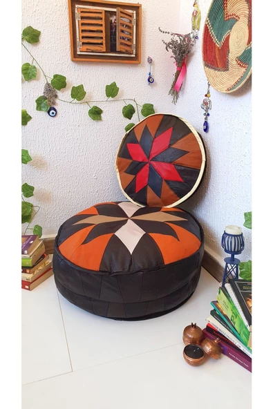 Şok Fiyat Açılışa Özel %50 Off! Art Deco El Yapımı Hakiki Deri Orijinal Bohem Ottoman Puf Minder60cm - Resim 4