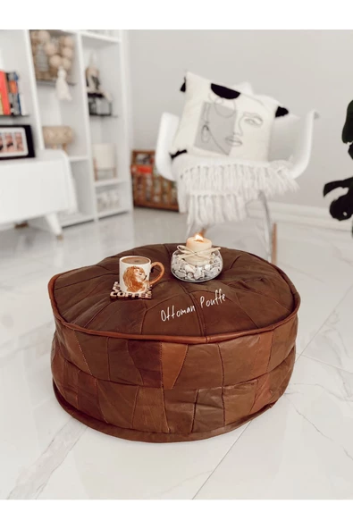 Dolgulu ! Iskandinav El Yapımı Hakiki Deri Bohem Ottoman Puf Yer Minderi 60x30cm