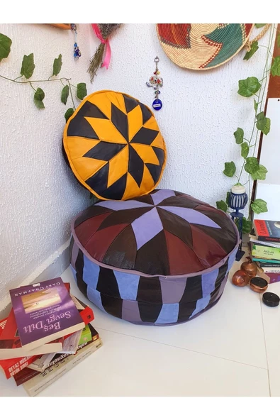 El Yapımı Hakiki Deri Bohem Ottoman Puf Yer Minder Ikili 60-40 cm Set Of 2 - 4