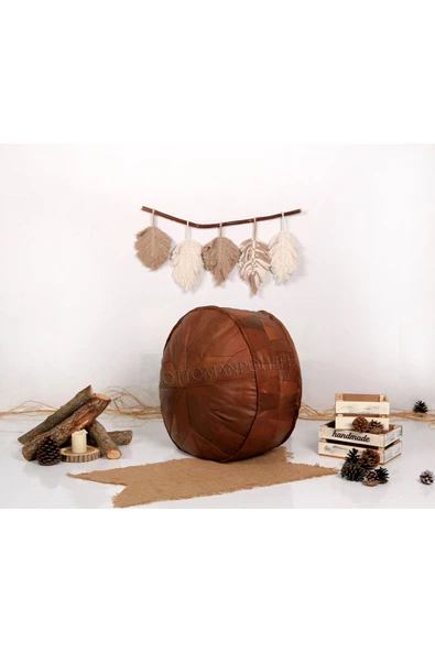 Dolgulu ! Iskandinav El Yapımı Hakiki Deri Bohem Ottoman Puf Yer Minderi 60x30cm - Resim 3
