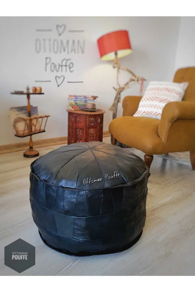 İskandinav El Yapımı Hakiki Deri Ottoman Siyah Puf Yer Minderi 60x40cm (DOLGULU) - 5