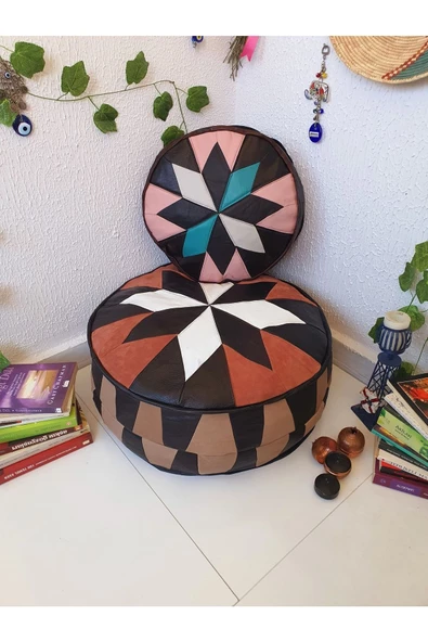 Şok Fiyat Açılışa Özel %50 Off! Art Deco El Yapımı Hakiki Deri Orijinal Bohem Ottoman Puf Minder60cm - Resim 4
