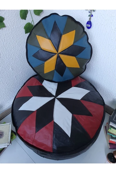 Şok Fiyat Açılışa Özel %50 Off! Art Deco El Yapımı Hakiki Deri Orijinal Bohem Ottoman Puf Minder60cm - 5