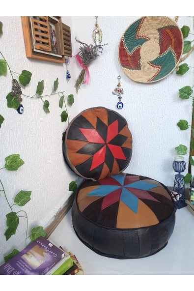 Şok Fiyat Açılışa Özel %50 Off! Art Deco El Yapımı Hakiki Deri Orijinal Bohem Ottoman Puf Minder60cm - Resim 4