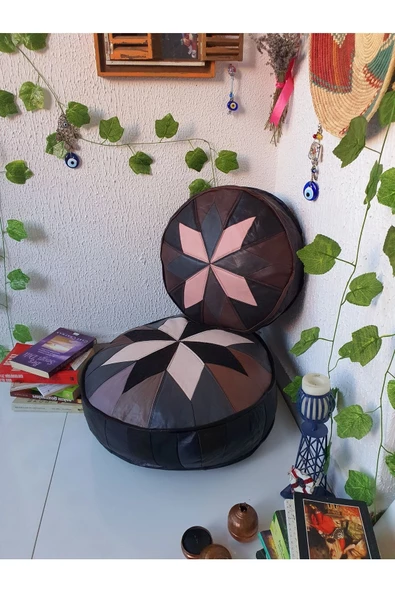 Şok Fiyat Açılışa Özel %50 Off! Art Deco El Yapımı Hakiki Deri Orijinal Bohem Ottoman Puf Minder60cm - Resim 4