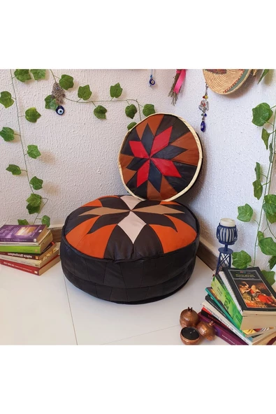 Şok Fiyat Açılışa Özel %50 Off! Art Deco El Yapımı Hakiki Deri Orijinal Bohem Ottoman Puf Minder60cm - Resim 2