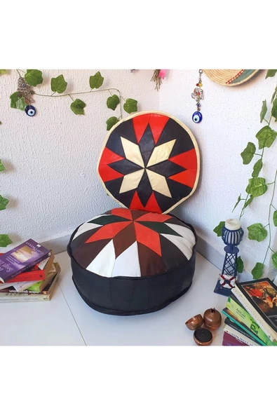 Şok Fiyat Açılışa Özel %50 Off! Art Deco El Yapımı Hakiki Deri Orijinal Bohem Ottoman Puf Minder60cm - 3