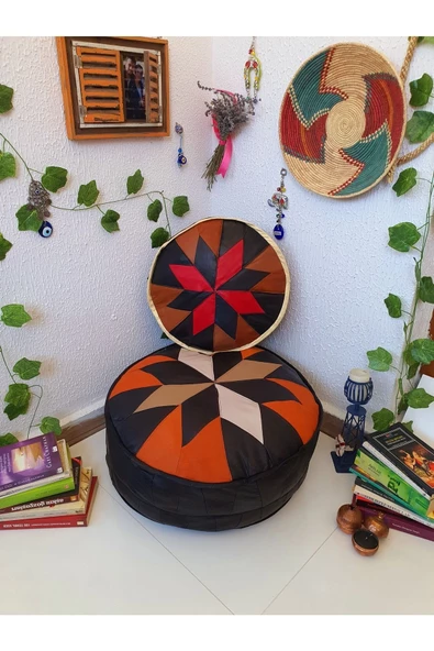 Şok Fiyat Açılışa Özel %50 Off! Art Deco El Yapımı Hakiki Deri Orijinal Bohem Ottoman Puf Minder60cm - Resim 5