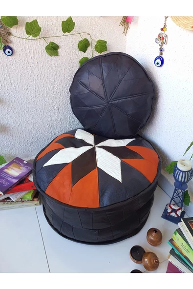 Art Deco El Yapımı Hakiki Deri Orijinal Bohem Ottoman Puf Minder60cm - 3