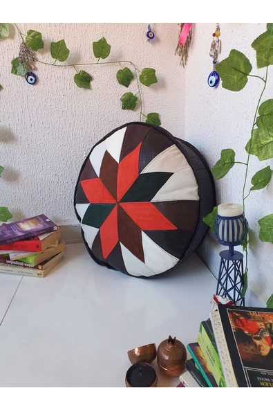 Şok Fiyat Açılışa Özel %50 Off! Art Deco El Yapımı Hakiki Deri Orijinal Bohem Ottoman Puf Minder60cm - 8