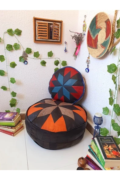 Şok Fiyat Açılışa Özel %50 Off! Art Deco El Yapımı Hakiki Deri Orijinal Bohem Ottoman Puf Minder60cm ürün görseli