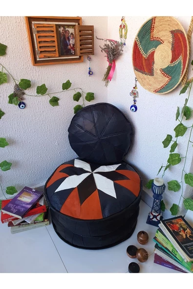 Art Deco El Yapımı Hakiki Deri Orijinal Bohem Ottoman Puf Minder60cm - 2