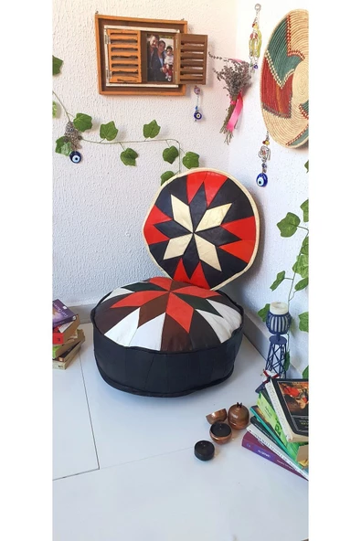 Şok Fiyat Açılışa Özel %50 Off! Art Deco El Yapımı Hakiki Deri Orijinal Bohem Ottoman Puf Minder60cm - 5