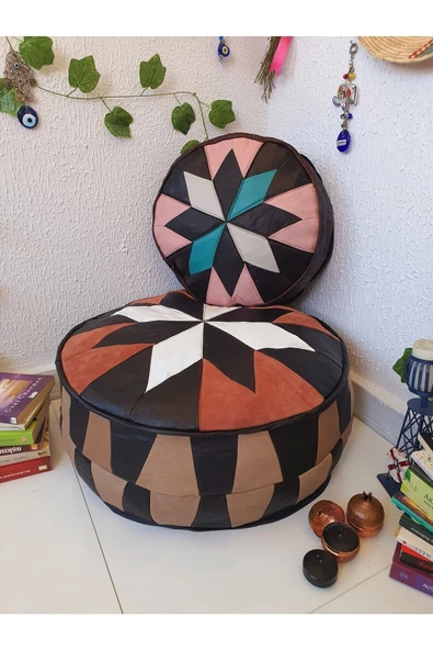 Şok Fiyat Açılışa Özel %50 Off! Art Deco El Yapımı Hakiki Deri Orijinal Bohem Ottoman Puf Minder60cm - Resim 5