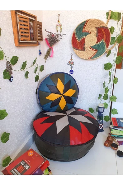 Şok Fiyat Açılışa Özel %50 Off! Art Deco El Yapımı Hakiki Deri Orijinal Bohem Ottoman Puf Minder60cm - 5