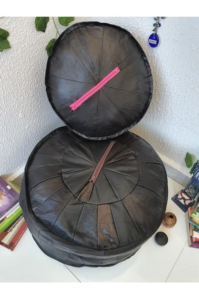 El Yapımı Hakiki Deri Orijinal Bohem Ottoman Puf Minder60cm - Resim 6