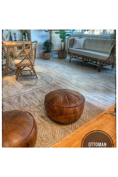 Dolgulu ! Iskandinav El Yapımı Hakiki Deri Bohem Ottoman Puf Yer Minderi 60x30cm - Resim 7