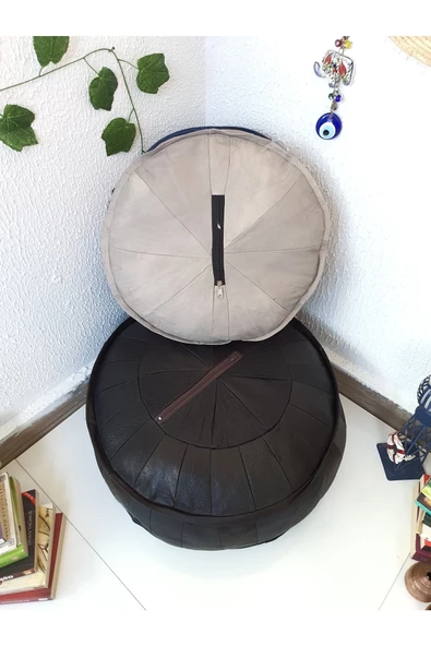 Şok Fiyat Açılışa Özel %50 Off! Art Deco El Yapımı Hakiki Deri Orijinal Bohem Ottoman Puf Minder60cm - 8