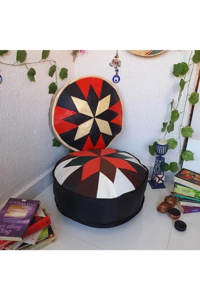 Şok Fiyat Açılışa Özel %50 Off! Art Deco El Yapımı Hakiki Deri Orijinal Bohem Ottoman Puf Minder60cm - 4