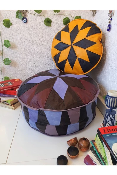 El Yapımı Hakiki Deri Bohem Ottoman Puf Yer Minder Ikili 60-40 cm Set Of 2 - 3