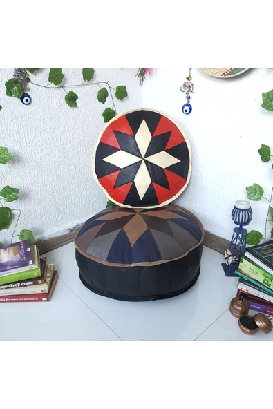 El Yapımı Hakiki Deri Bohem Ottoman Puf Yer Minder Ikili 60-40cm Set Of 2