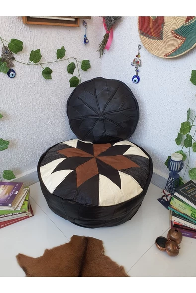 Şok Fiyat Açılışa Özel %50 Off! Art Deco El Yapımı Hakiki Deri Orijinal Bohem Ottoman Puf Minder60cm - Resim 2