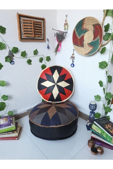 El Yapımı Hakiki Deri Bohem Ottoman Puf Yer Minder Ikili 60-40cm Set Of 2 - 4