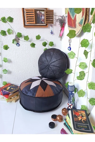 Art Deco El Yapımı Hakiki Deri Orijinal Bohem Ottoman Puf Minder60cm - 2