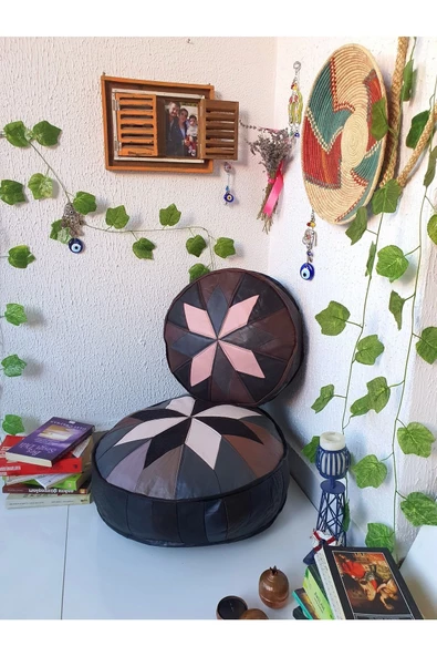 Şok Fiyat Açılışa Özel %50 Off! Art Deco El Yapımı Hakiki Deri Orijinal Bohem Ottoman Puf Minder60cm - Resim 3