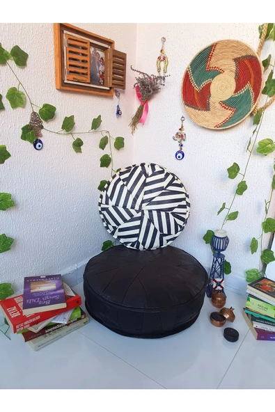 Şok Fiyat Açılışa Özel %50 Off! Art Deco El Yapımı Hakiki Deri Orijinal Bohem Ottoman Puf Minder60cm - Resim 3