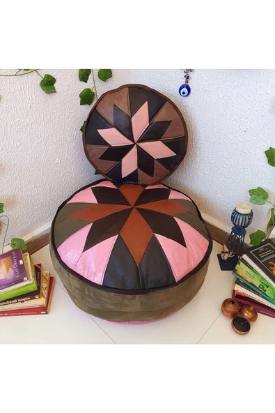 Şok Fiyat Açılışa Özel %50 Off! Art Deco El Yapımı Hakiki Deri Orijinal Bohem Ottoman Puf Minder60cm - 3