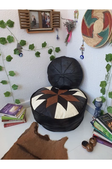 Şok Fiyat Açılışa Özel %50 Off! Art Deco El Yapımı Hakiki Deri Orijinal Bohem Ottoman Puf Minder60cm ürün görseli 1